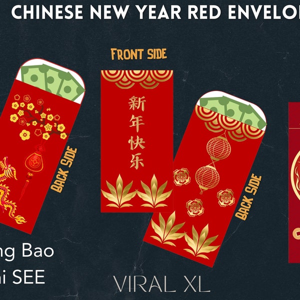 3 Chinese New Year Envelopes for Money, Year of the Dragon Design, Red and Gold Lucky Packet