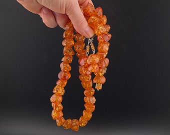 Vintage Molded Transparent Cognac Orange lucite Plastic Beaded Necklace And Earrings