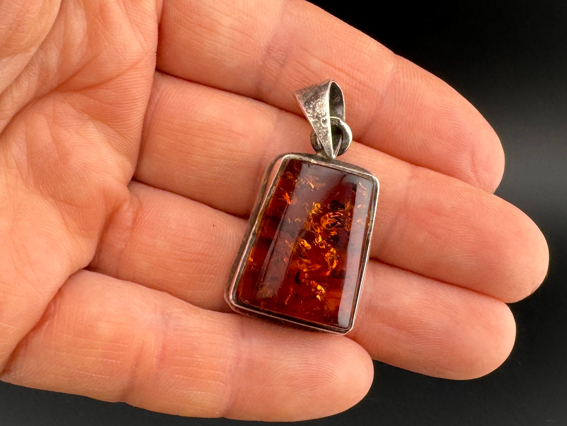 Pendentif Ancien En Argent 925 Avec Ambre – Pierre Naturelle, Style Vintage, Sans Emballage