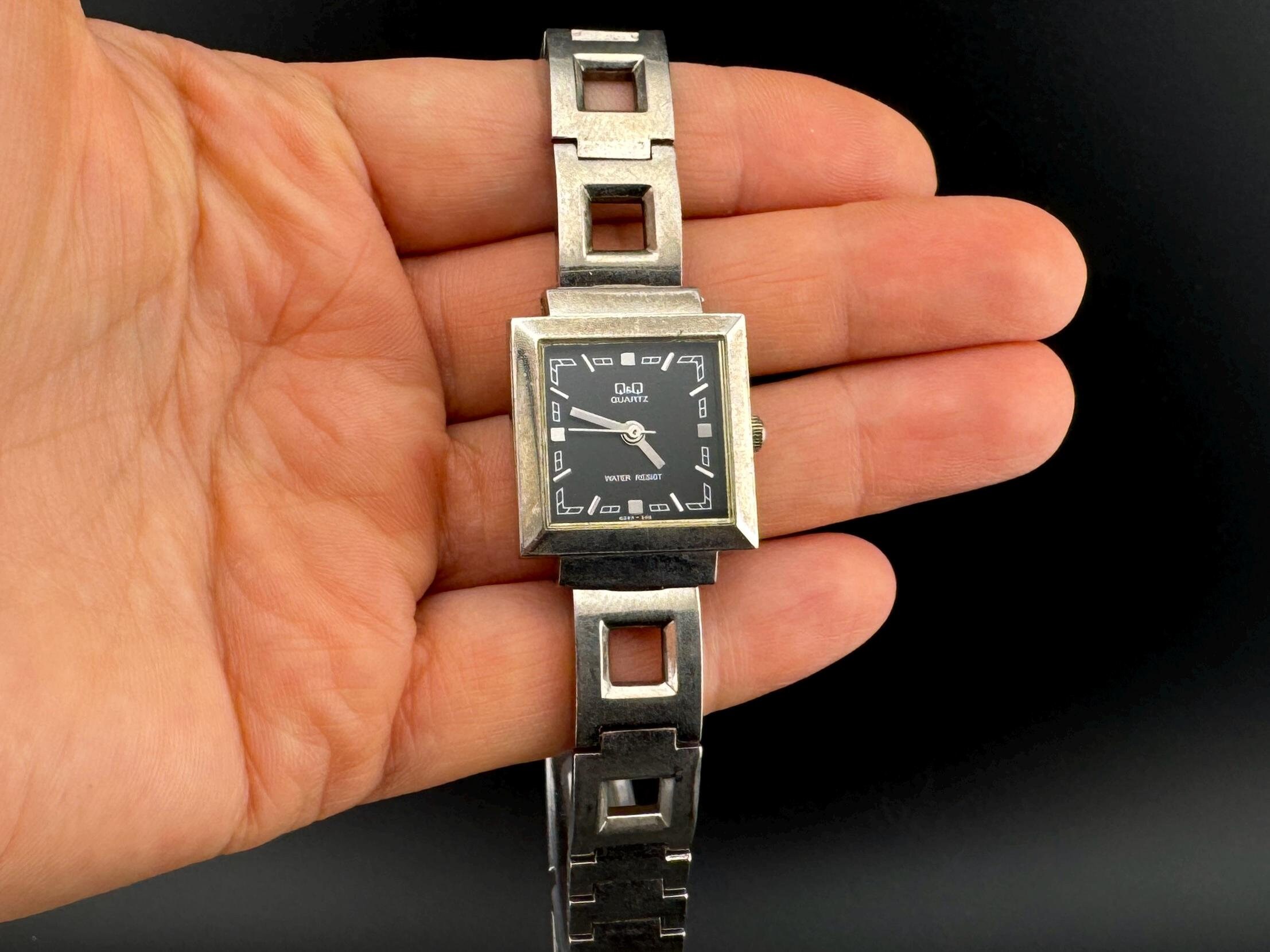 Vintage Ladies PZ Japan Quartz Square Face 925 Silver Leather Band Wristwatch 8\