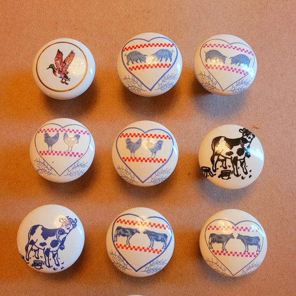 Vintage porcelain knobs with various farmhouse designs. Farmhouse,goose,chicken  pigs,cows