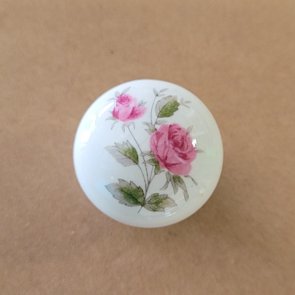 Small Vintage White Porcelain Cabinet Knobs with rose bush design