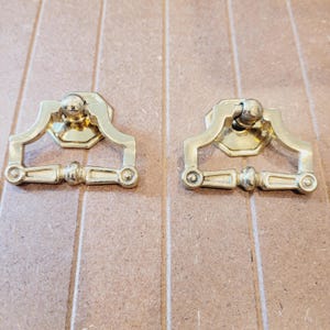May include: Two brass-toned drawer pulls. Each pull has a decorative design with a central handle and a rounded top. The pulls are set against a light brown, wood-grain background.