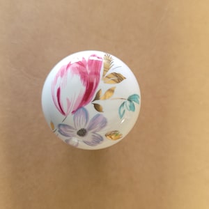 vintage white porcelain cabinet knob with Pink Blue Flowers And Gold Leaf Design image 1