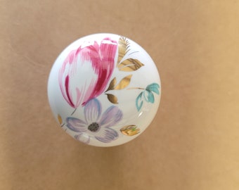 vintage white porcelain cabinet knob with Pink Blue Flowers And Gold Leaf Design