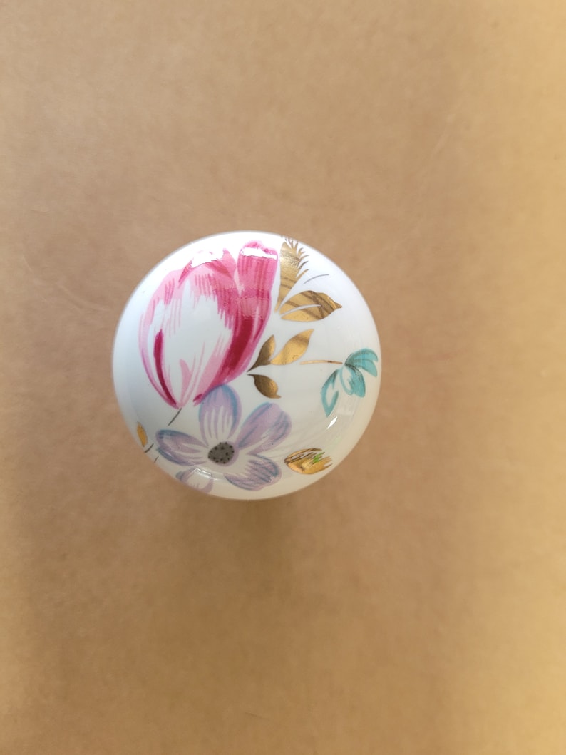 vintage white porcelain cabinet knob with Pink Blue Flowers And Gold Leaf Design image 1