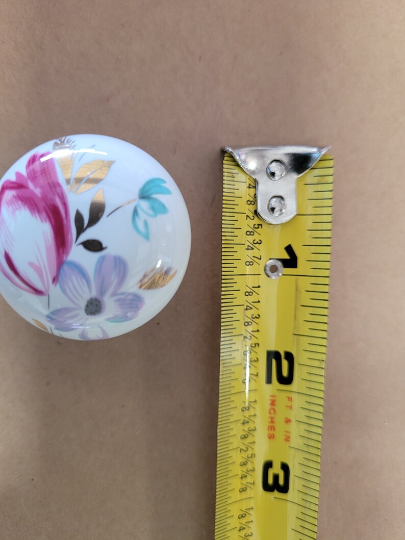 vintage white porcelain cabinet knob with Pink Blue Flowers And Gold Leaf Design image 3