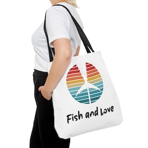 Fisch und Liebe Einkaufstasche, Vintage Farben Frieden und Liebe Speerfischen, Angeln und Ozean Liebhaber Strandtasche