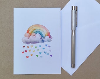 Rainbow, Cloud and Rainbow Love Heart Rain: Greetings Card / Birthday Card / New Baby Card / Anniversary Card / Engagement or Wedding Card