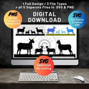 Op de afbeelding: Een digitale download met silhouetten van schapen in zwart en blauw. De afbeelding bevat de tekst "DIGITALE DOWNLOAD" en "SVG Geoptimaliseerd voor snijden". De afbeelding wordt weergegeven op een computermonitor met een toetsenbord en muis op de voorgrond.