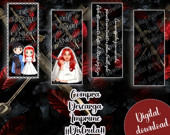 Marcapáginas imprimibles inspirados en Saga Sangre y cenizas - bookmark digital - Poppy y Hawke