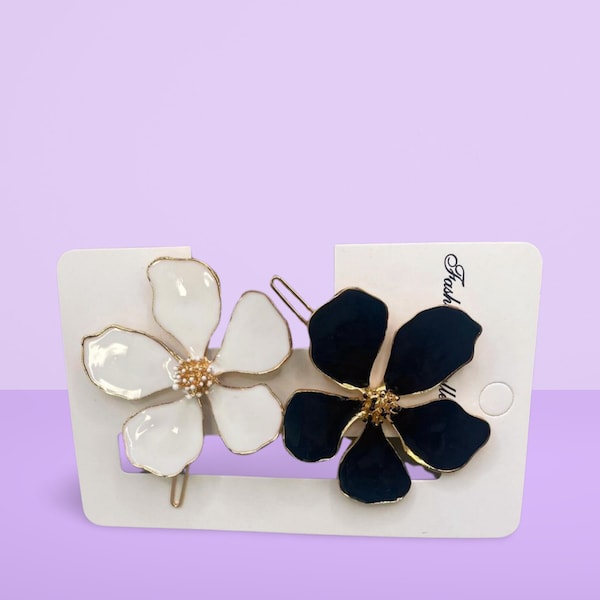 Barrettes Florales Élégantes en Noir et Blanc