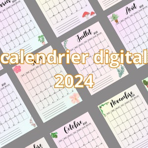 Può includere: Calendari digitali 2024 con sfondo sfumato pastello. Ogni pagina del calendario è decorata con illustrazioni floreali e botaniche. Il testo "calendrier digital 2024" è sovrapposto all'immagine.