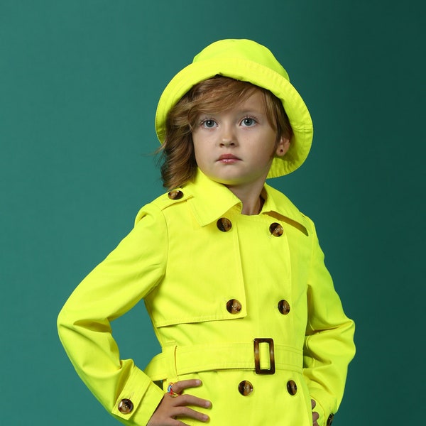 Trench élégant jaune soleil pour filles - Manteau mi-saison de style princesse, veste longue inspirée des années 70