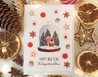 Carte de voeux illustrée - gingerbread house, boule de noël, happy new year, meilleurs voeux, christmas - faire plaisir à noël