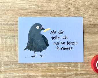 Postkarte Taube und Pommes | lustige Valentinskarte | für Lieblingsperson | Liebesgrüße | Postkarte zum Valentinstags für Freunde