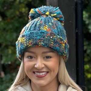 Winter Pom Pom Beanie: Chunky Cable Knit,  4 colour options c/w Vegan Badge,