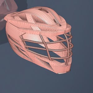 May include: A 3D rendering of a lacrosse helmet. The helmet is a light reddish-brown color and features a cage-style face mask. The design includes ventilation slots and a structured interior, suggesting a focus on protection and safety.