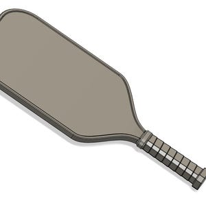 May include: A gray pickleball paddle with a rectangular head and a checkered handle. The paddle has a rounded edge and a solid face. The handle is a series of small squares. The paddle is angled on a white background.