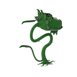 May include: A green, plant-like creature with a bulbous head and long, twisting vines. The creature has a segmented body and appears to be made of glass.
