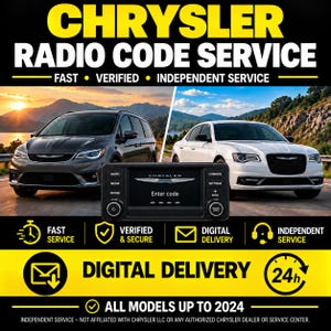 May include: A Chrysler radio unit displaying the text Enter code on its screen, positioned between images of a dark gray minivan and a white sedan. The graphic includes text stating Chrysler Radio Code Service, Digital Delivery, and All models up to 2024.