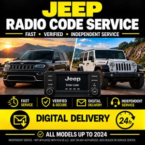 May include: A Jeep radio code service advertisement featuring a black Jeep SUV and a white Jeep Wrangler. A central car radio display shows the text Jeep Enter code. The graphic includes text stating Fast, Verified, Independent Service, Digital Delivery, and All Models Up To 2024.