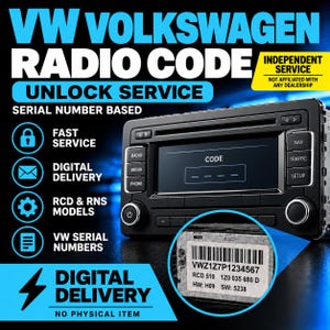 May include: A black Volkswagen car radio unit with a digital screen displaying the word CODE. A circular inset shows a white label with a barcode and the text VWZ1Z7P1234567, RCD 510, 1Z0 035 680 D, HW: H09, and SW: 5238 for radio unlocking.