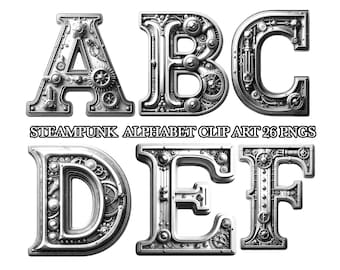 Steampunk Themed Alphabet Clipart, Robot PNG, Alphabet PNG, Digital Download, Steampunk Letters Clip Art, 3D PNG, Silver Letters, 3D Letters