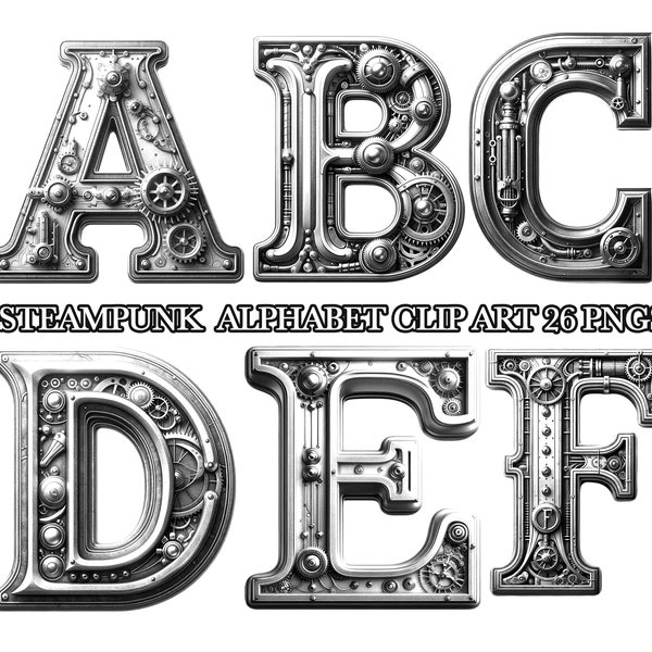 Steampunk Themed Alphabet Clipart, Robot PNG, Alphabet PNG, Digital Download, Steampunk Letters Clip Art, 3D PNG, Silver Letters, 3D Letters