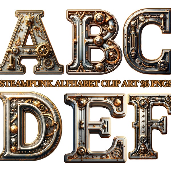 Steampunk thema alfabet clipart, robot PNG, alfabet PNG, digitale download, Steampunk letters illustraties, 3D PNG, robot clipart, 3D letters