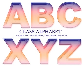 Transparent Glass Letters, Glass Alphabet, Glass PNG, Digital Glass Clipart, Transparent Alphabet, Instant Download, A to Z Uppercase only