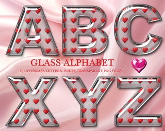 Valentine Alphabet PNG, Transparent Glass Letters, Glass Alphabet, Glass PNG, Digital Glass Clipart, Instant Download, A to Z Uppercase only