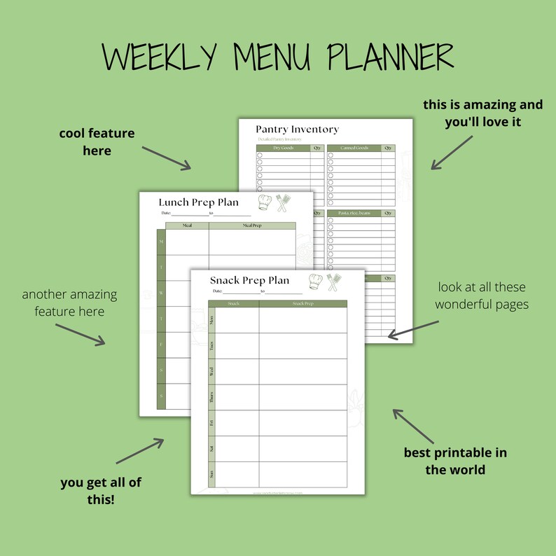 Weekly Menu Planner Breakfast Lunch Dinner Snack Busy Mom - Etsy