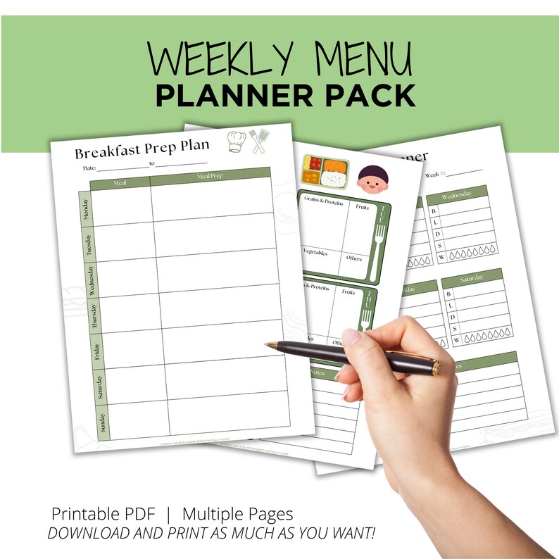 Weekly Menu Planner, Breakfast, Lunch, Dinner, Snack, Busy Mom Weekly ...