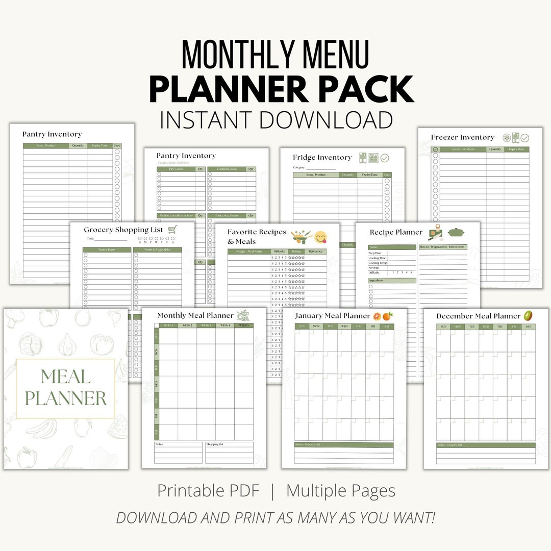 Monthly Meal Planner Printable, Recipe Organizer, Pantry Inventory (PDF ...