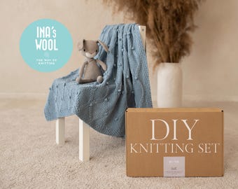 DIY Light Denim Baby Blanket Knitting Kit – DIY Baby Gift | 100% Cotton Yarn | Blue Rhombos Pattern | Handmade Knit Kit for New Moms