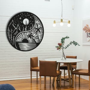 Yin Yang Sun & Moon Metallwandkunst, modernes spirituelles Dekor, Feng Shui inspirierter Wandbehang, Yoga-Raum oder Schlafzimmerdekoration, Zen Geschenkidee
