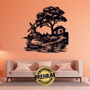 Arte murale in metallo con lago e foresta, decorazione murale con montagna e albero, decorazione murale per camino, scena rustica della natura, regalo di inaugurazione della casa, regalo per lui/lei