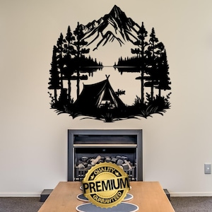 Decorazione da parete in metallo per campeggio sul lago, decorazione da parete per montagne e foreste, cartello da parete per casa sul lago, regalo per bungalow per pesca e barbecue, decorazione da parete per campeggio nella natura