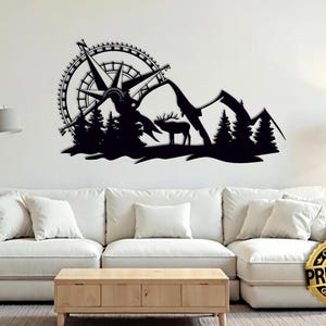 Arte murale in metallo con bussola di montagna e foresta, decorazione murale con cervo, decorazione murale ispirata all'avventura, decorazione murale con bussola nautica, regalo di inaugurazione della casa