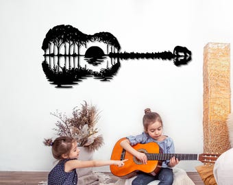 Guitar Forest Sunset Metal Wall Art: Boho Music Room Decor