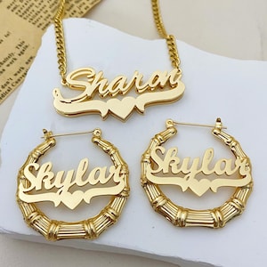 Custom 18K Gold Name Necklace & Bamboo Hoop Earring Set: Double Nameplate Pendant, Name Bamboo Earrings, Kids Women Jewelry Set Gift