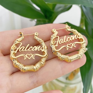 Custom Kids Name Bamboo Hoops,Custom Name Earrings Necklace,Gold Bamboo Earrings,Name Hoop Earrings,Personalized Jewelry,Gift for Kids Women
