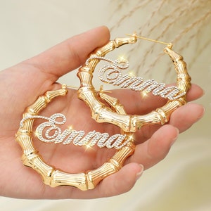 Personalized Diamond Name Bamboo Earrings: 18K Gold Pave Script, Custom Hoops 30mm-100mm, Jewelry Gift