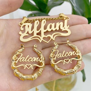 Custom Kids Name Jewelry Set, Name Bamboo Hoops, Gold Bamboo Earrings,Personalized Earrings Necklace,Nameplate Necklace,Custom Name Necklace