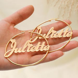 Custom Name Hoop Earrings: Personalized Gold Nameplate, Minimalist Hoops 30mm-100mm, Kids Women Jewelry Gift