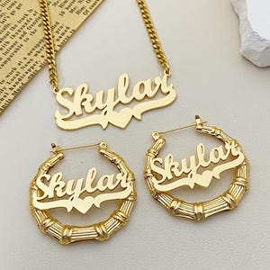 Custom Name Bamboo Hoop Earrings Necklace Set, Personalized 18K Gold Women Jewelry, Birthday Gift