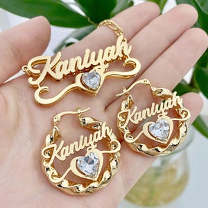 Custom Name Jewelry Set: Gold Twist Hoop Earrings, Double Nameplate Necklace, Birthstone Jewelry Gift
