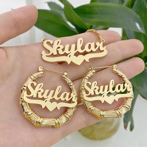 Custom Name Bamboo Earrings & Necklace Set: Hoop Earrings, Heart Nameplate Pendant, Personalized Gold Jewelry