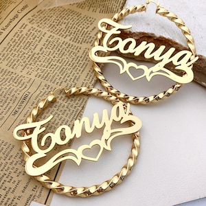 Custom 18K Gold Name Hoop Earrings: Personalized Bamboo Style